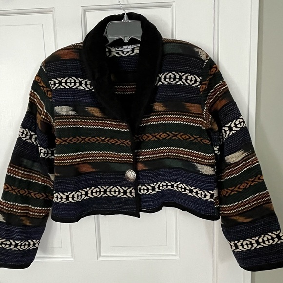 Vintage HOKUS POKUS Southwestern Tapestry 100%Cotton Cropped Blazer Jacket XL - Picture 1 of 12